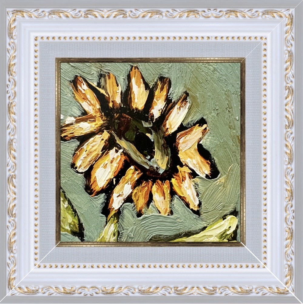 Miniature Rustic Sunflower Oil Painting in Framed Art Display