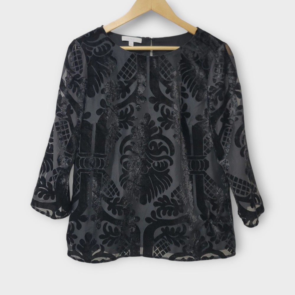 RSVP Talbots Burnout Velvet Blouse Womens Size Medium Black 3/4 Sleeves Lined