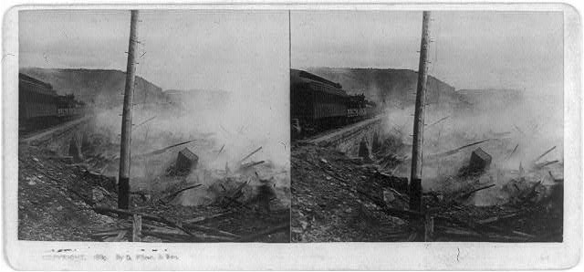 Johnstown Pennsylvania USA 1889 Flood Debris on Fire at Bridge Stereograph