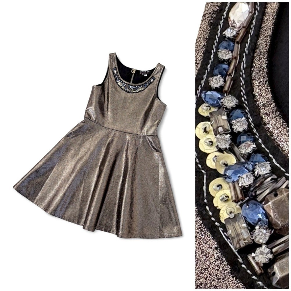Hannah Banana Fit Flare Dress Girls 8 Metallic Gold Party Rhinestone Bling EUC