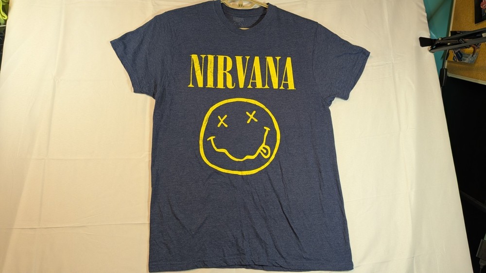 Nirvana T Shirt Men's Faded L/G Smiley Face Kurt Cobain Concert Tee