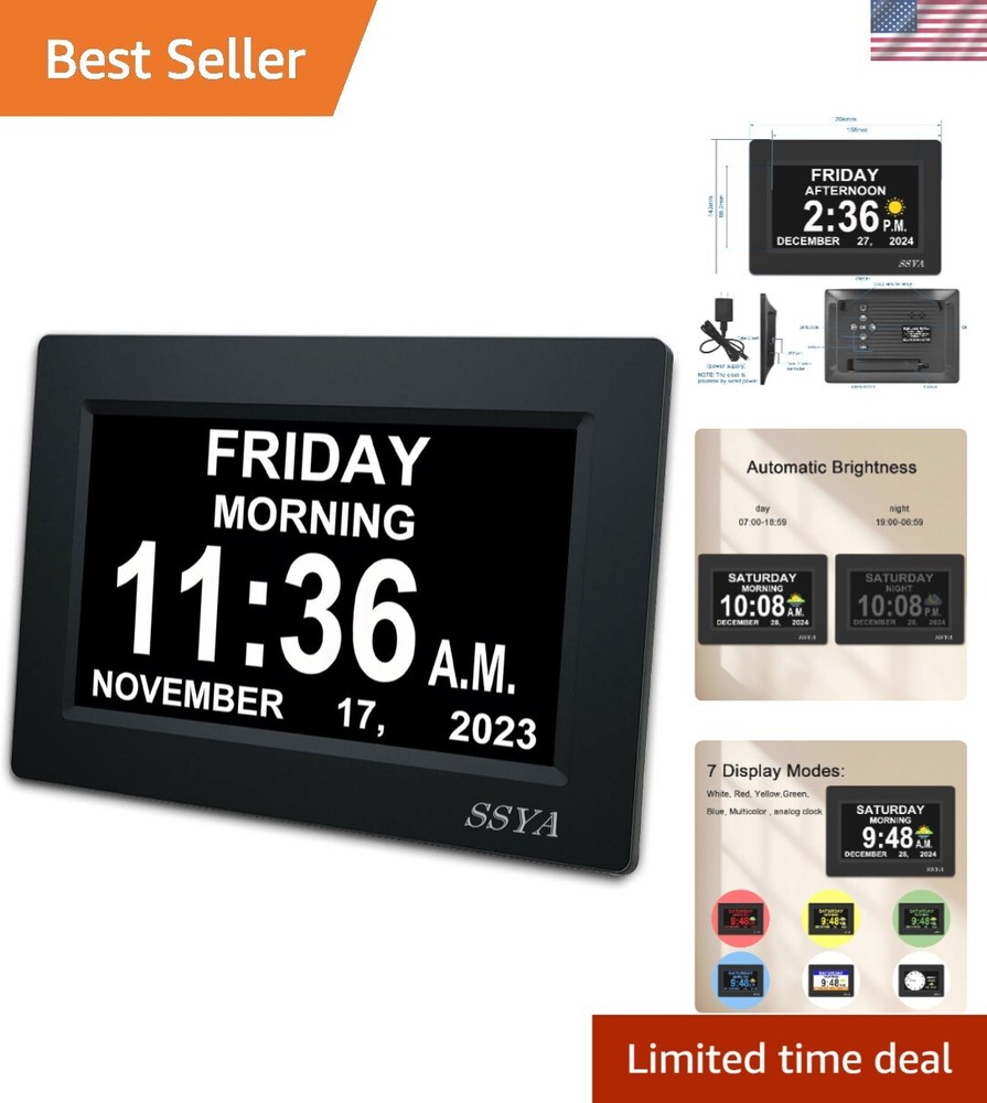 Large 7-Inch Clear LCD Clock - Perfect for Impaired Vision & Easy Alarm Settings