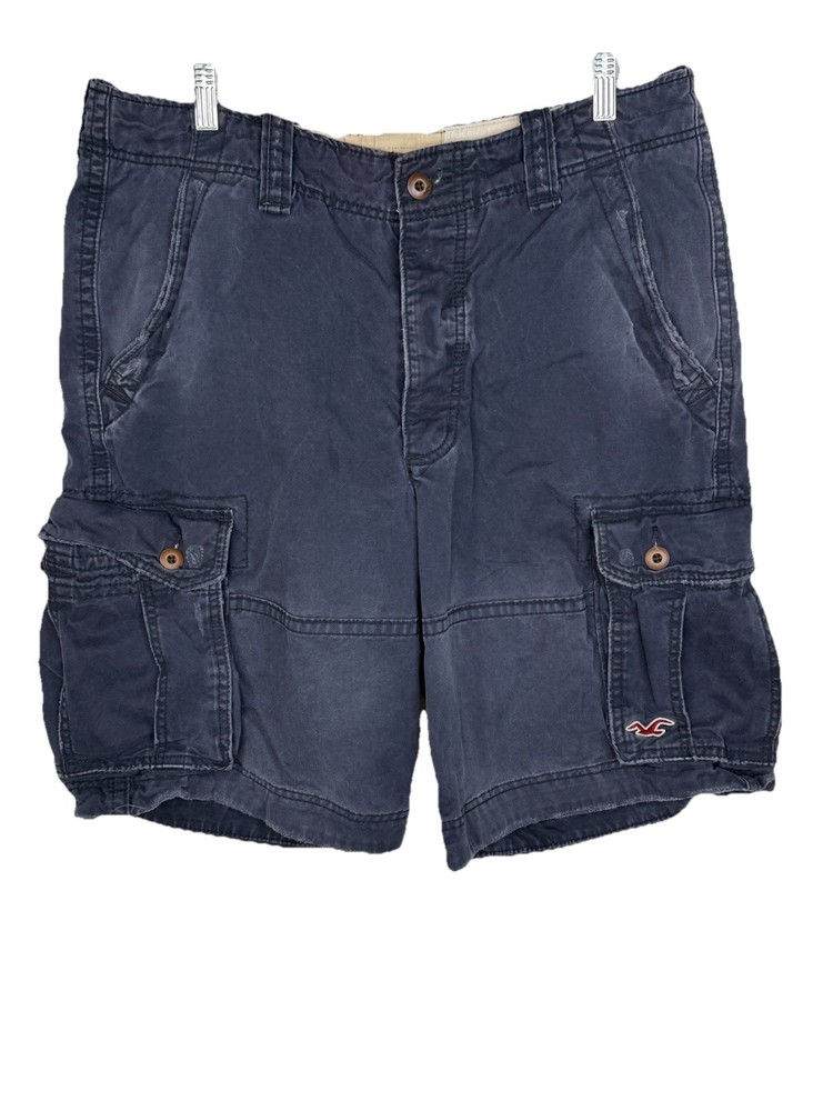 Hollister Men's Cargo Shorts 34x10 Y2K Vintage Distressed Button Fly Navy Faded