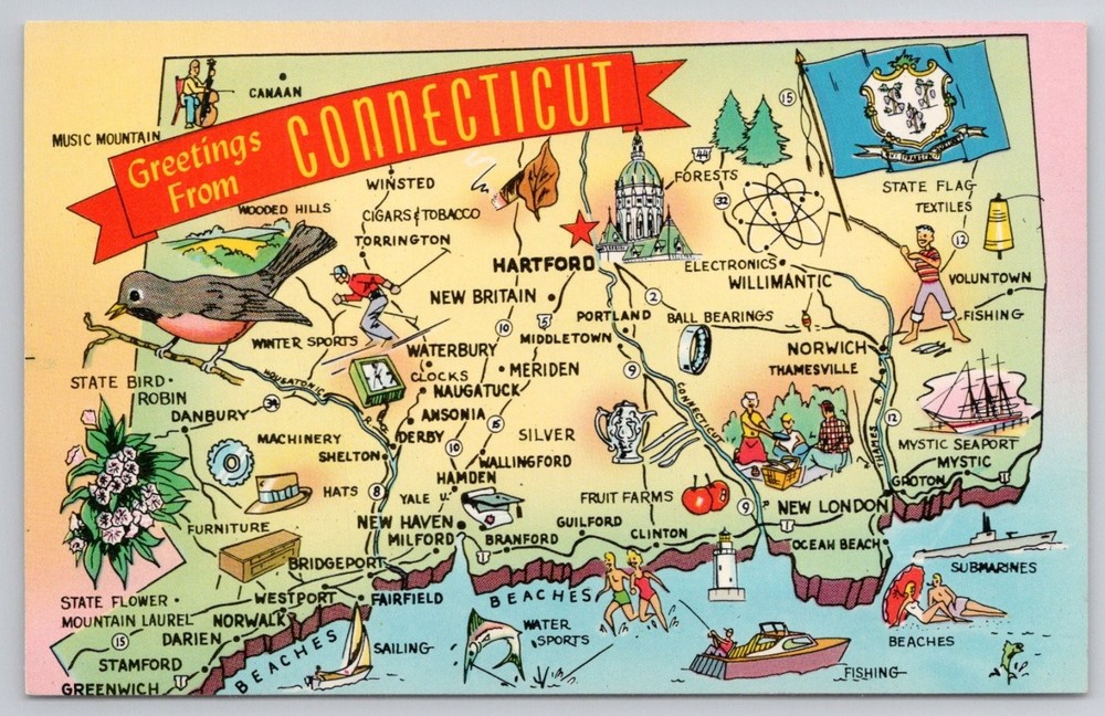 Greetings From Connecticut Pictorial Map Postcard - Nutmeg State Souvenir