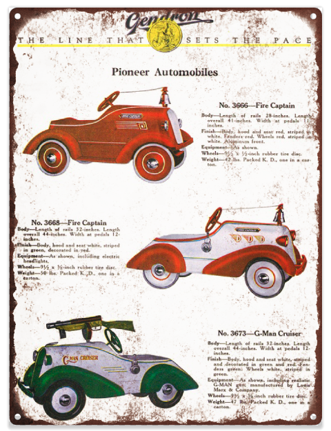 Pedal Car Pioneer Fire Gas Advertising Ad Baked Metal Repro Sign 9x12 60143