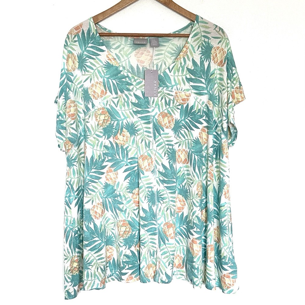NWT Kenar Plus Shirt Women’s 3X Pineapple Boho V Neck Lightweight Pullover Top