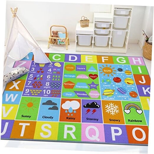 Colorful Kids Educational Rug - Alphabet, Numbers, Shapes, Weather & Planets Play Mat