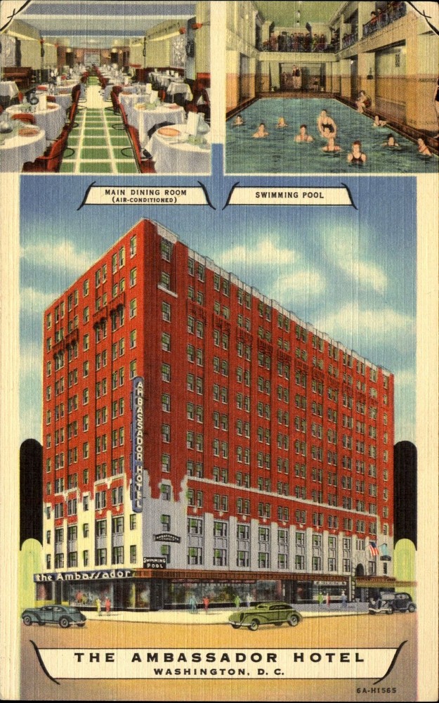 Ambassador Hotel Washington DC swimming pool dining room luxury car~1940s