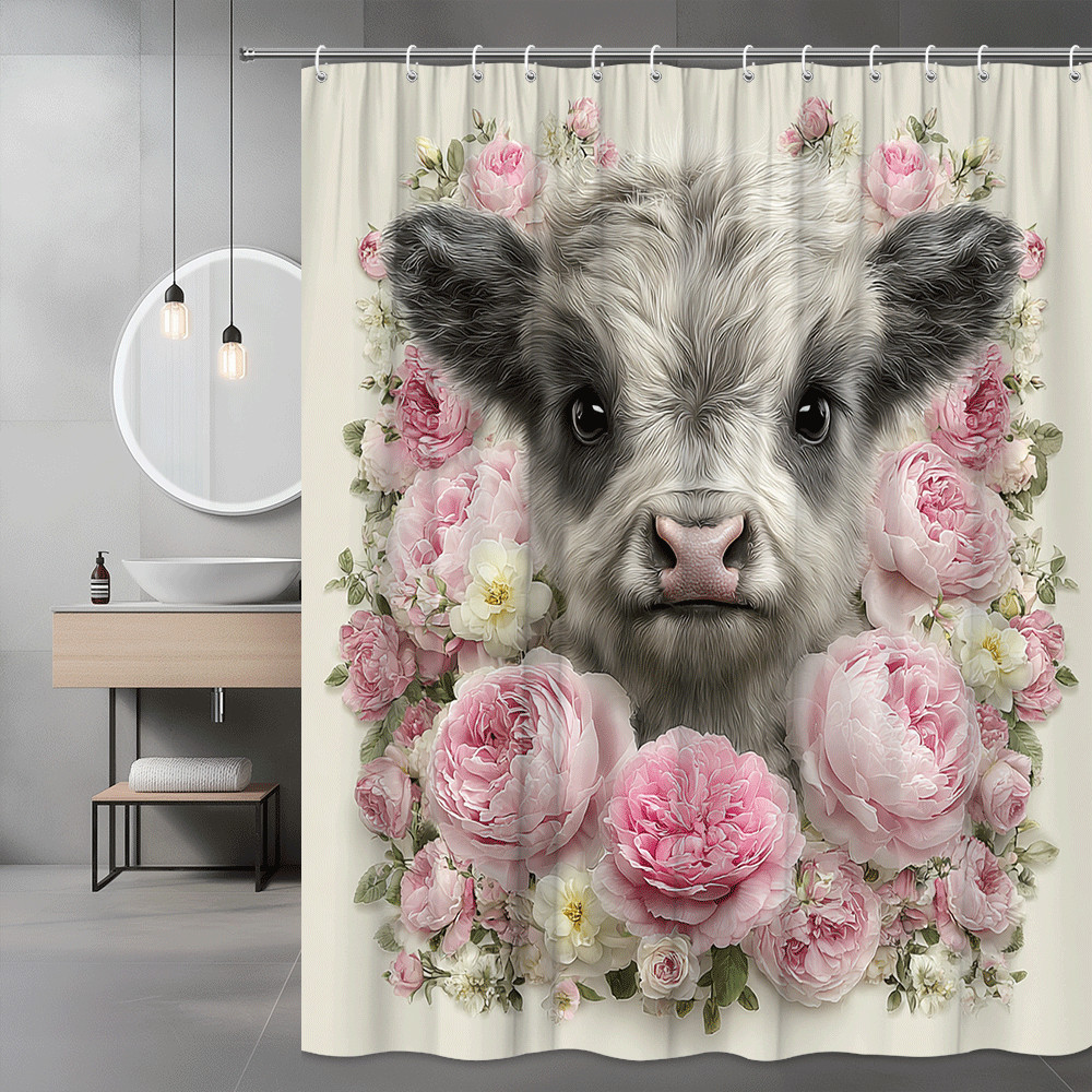 Cow Floral Shower Curtain Pink Rose Calf Face Print