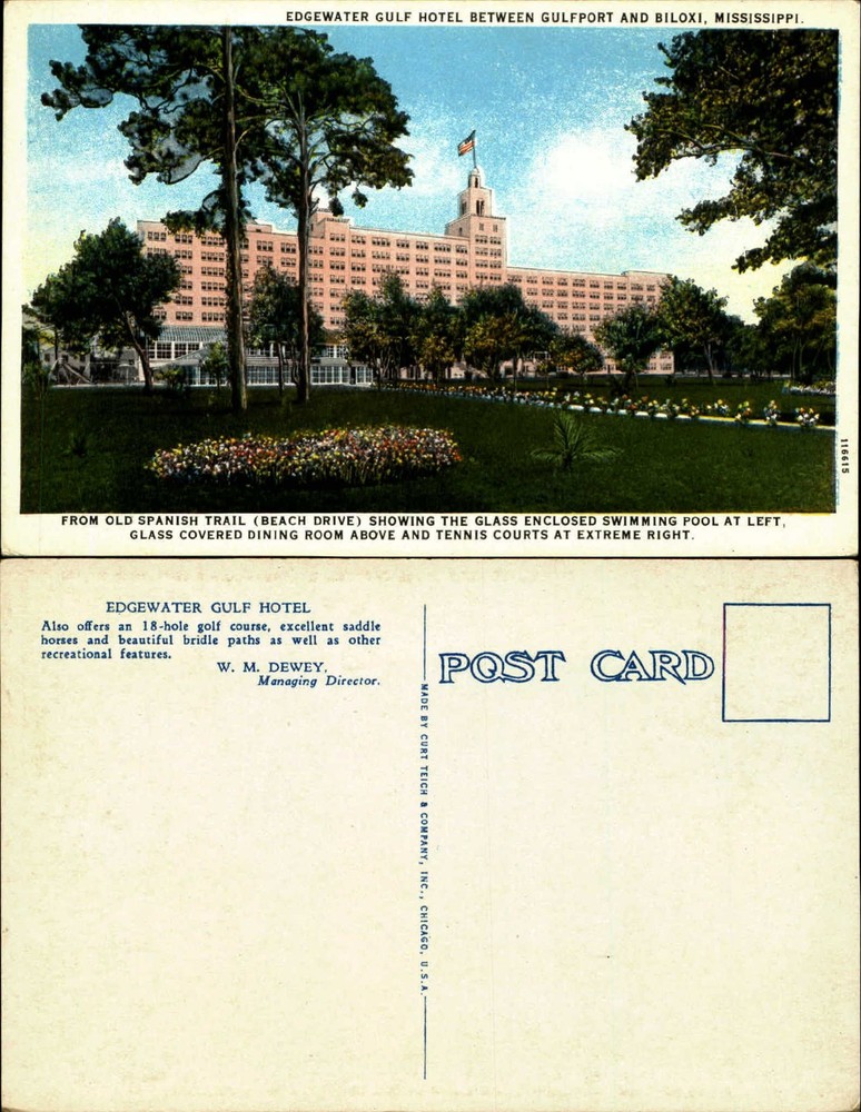 Edgewater Gulf Hotel between Gulfport and Biloxi MS unused vintage postcard