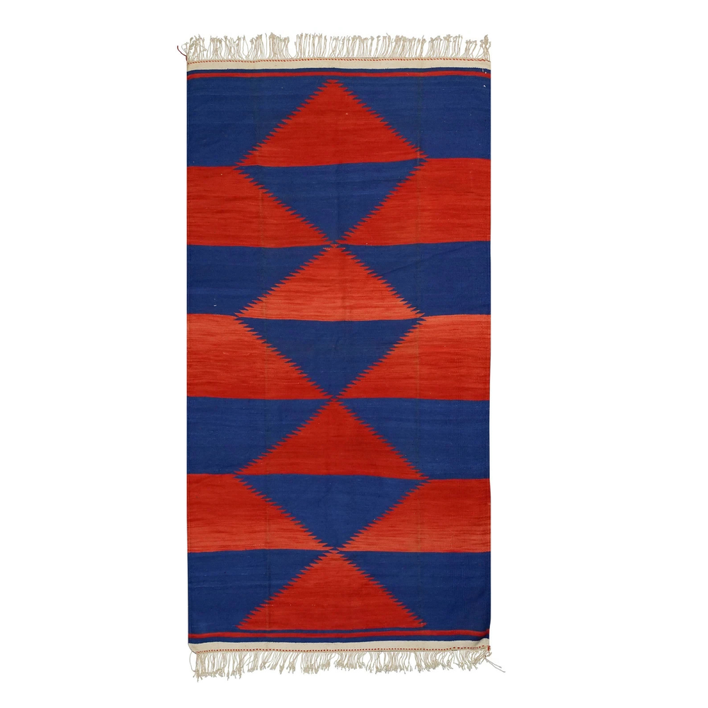 Geometric Hand Knotted Cotton Dhurrie Kilim Rug Color Blue, Red Carpet Rug