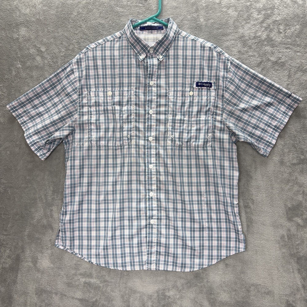 Columbia PFG Super Tamiami Fishing Shirt Men Large Plaid Short Sleeve Vented