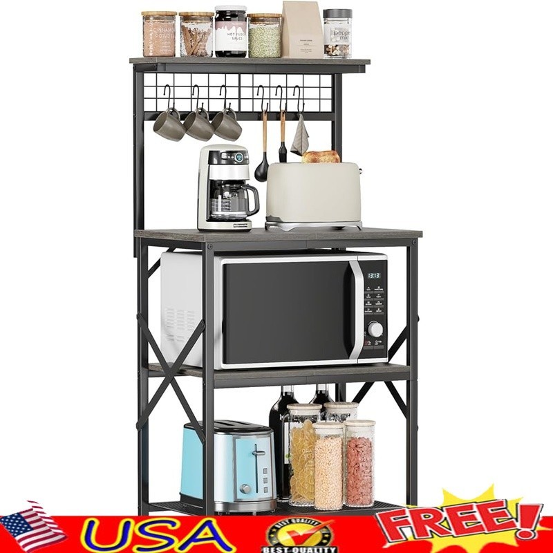 4 Tier Bakers Rack W/ Metal Pegboard Hooks Kitchen Storage Shelf Utility Stand
