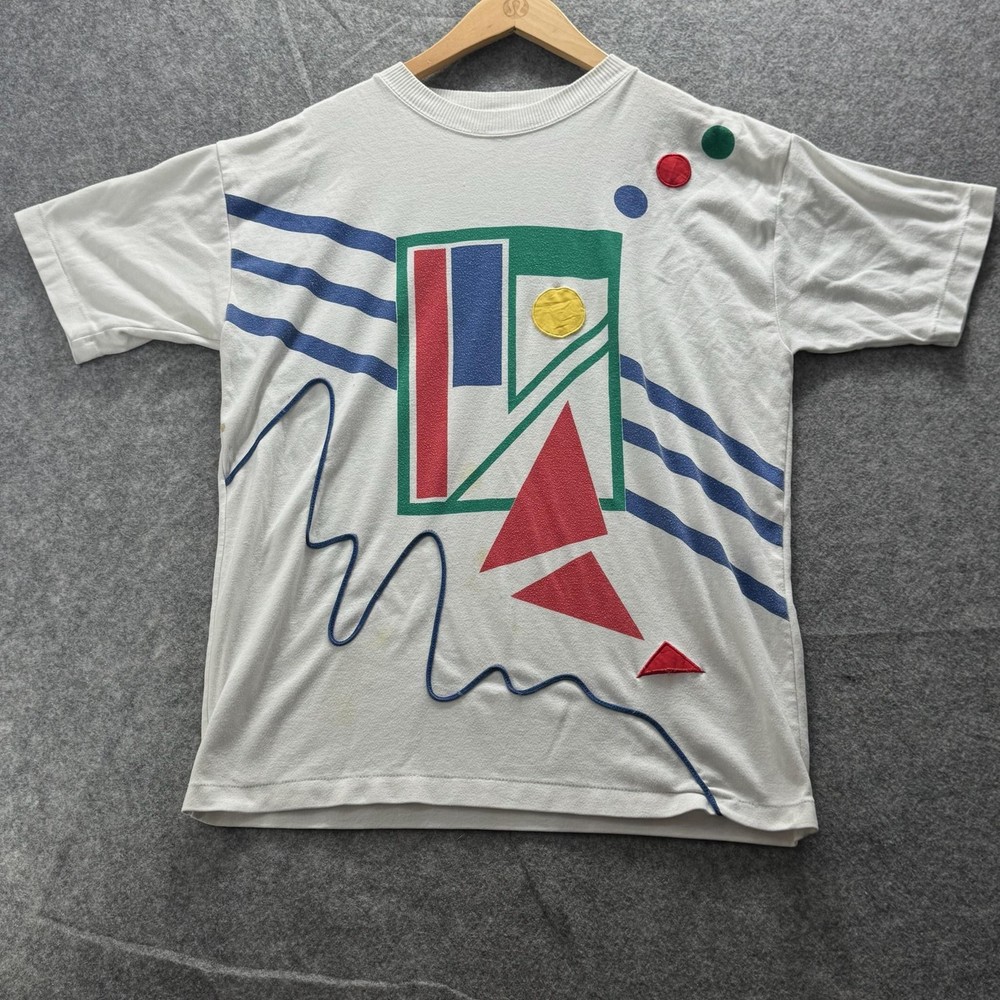 Vintage SS Abstract Geometric Shirt Mens L White Colorblock Graphic Tee Crewneck-image