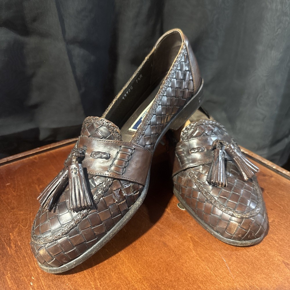 Vintage Bragano Cole Haan Brown Woven Leather Tassel Loafers Mens 7.5Dress Shoes