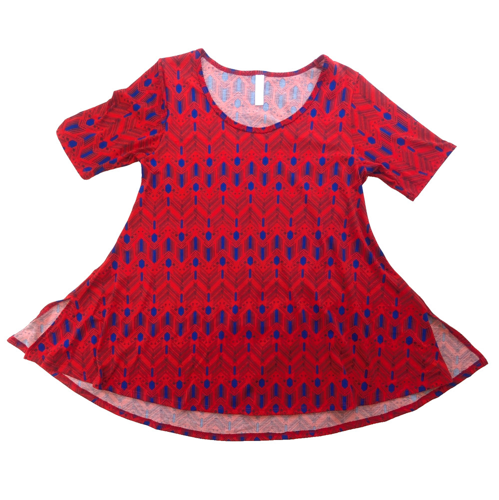 LuLaRoe Perfect T Size Small Red Blue Geometric Sharkbite Hem Swing Top