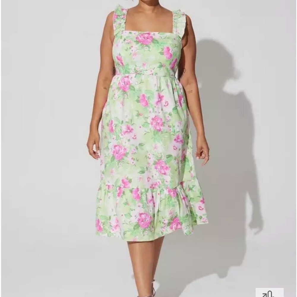 TORRID Green & Pink Floral Ruffle Strap Midi Dress | Size 1
