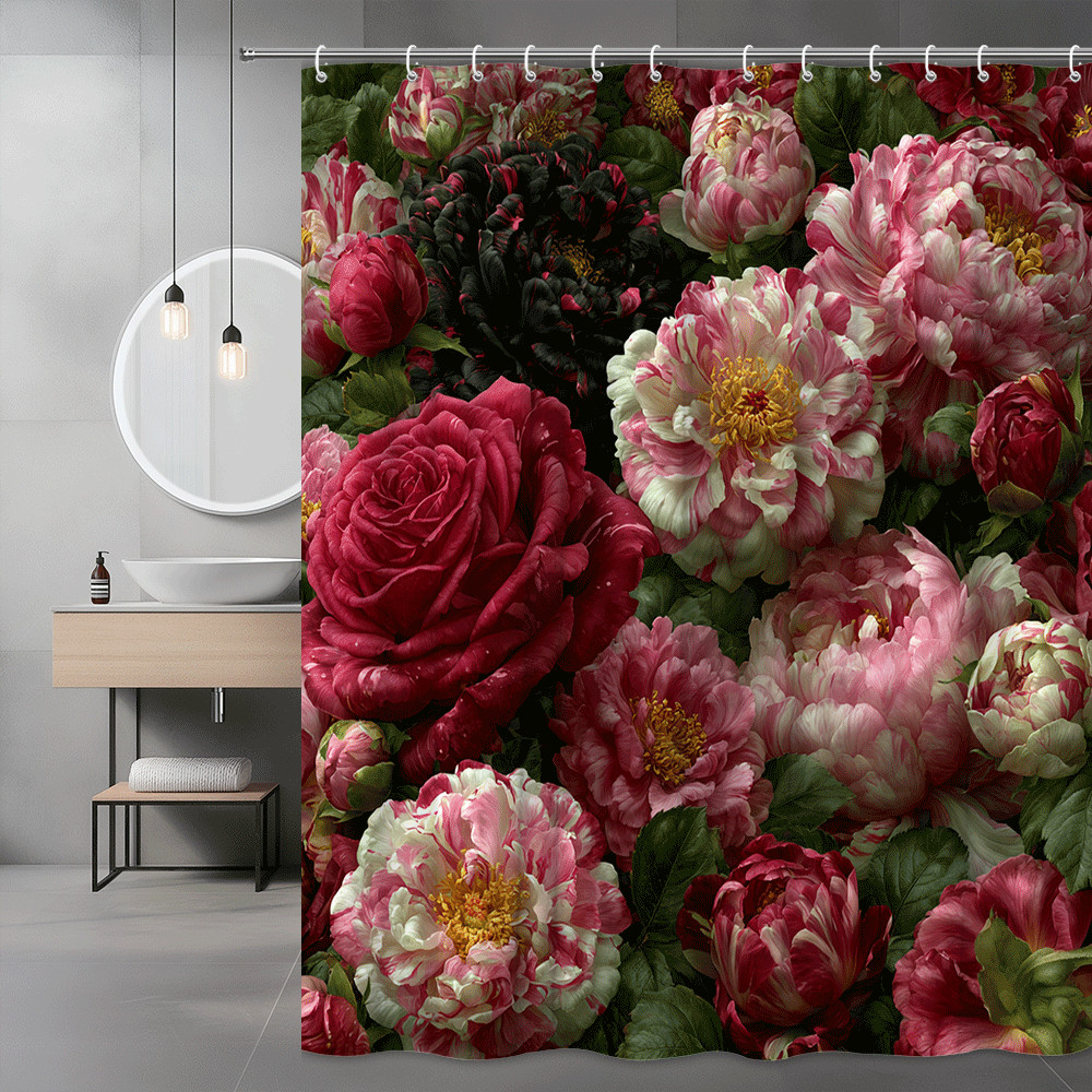 Floral Peony Shower Curtain Pink Red Green Printed Design