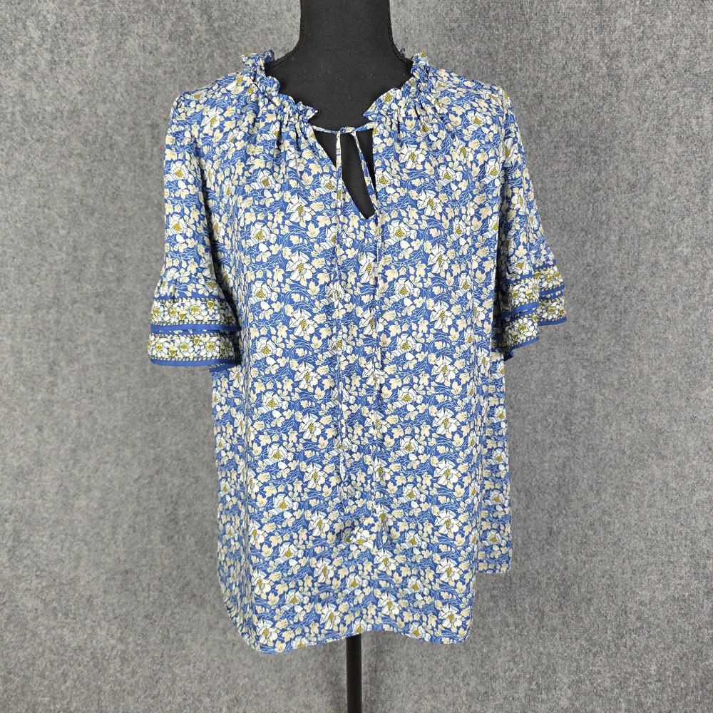 Max Studio 1X Blue Floral Boho Peasant Blouse Tie Neck Short Sleeve Top