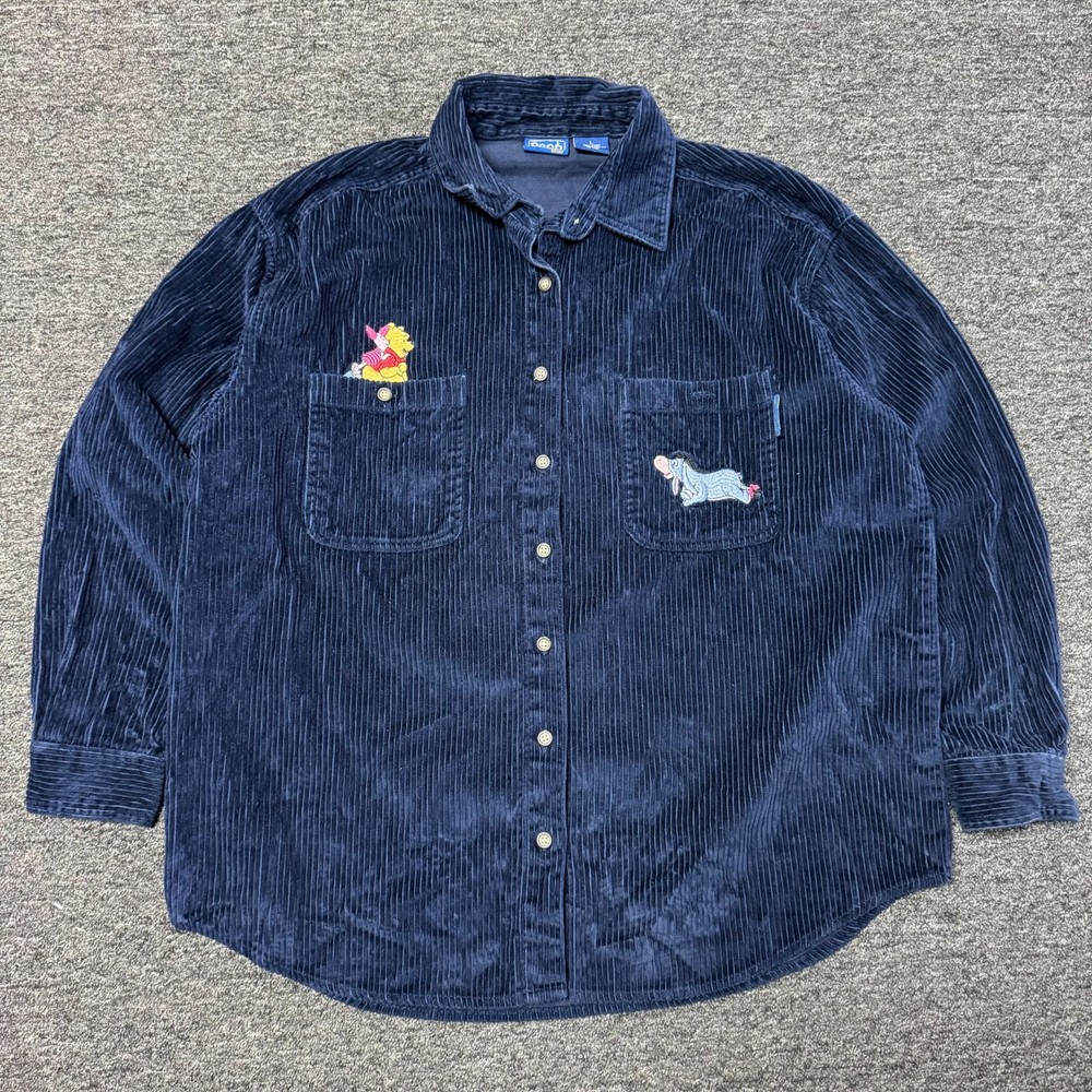 Vintage 90s Embroidered POOH Disney Long Sleeve Button Top Sz L Corduroy Blue