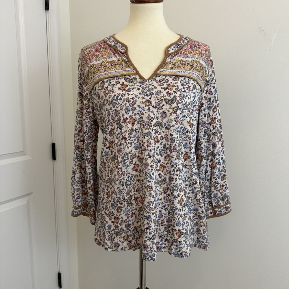 J. Jill Boho Floral Peasant Blouse Women’s M Long Sleeve Split Neck Tunic Top