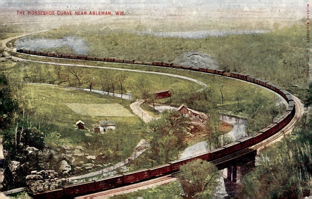 1910 Horseshoe Curve Ableman Wisconsin Railroad Steam Engine Litho Postcard
