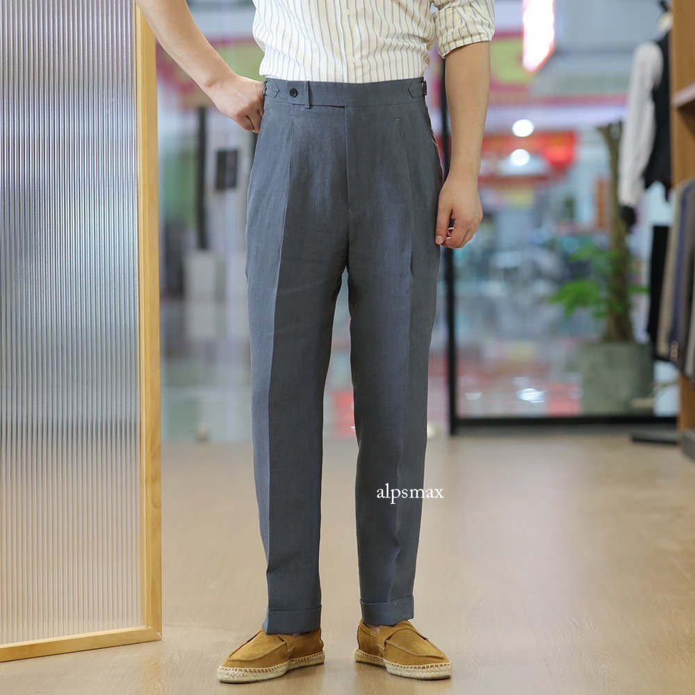 Men's Gurkha Pants Adjustable Waist Trousers Straight Suit Pants Linen Grey
