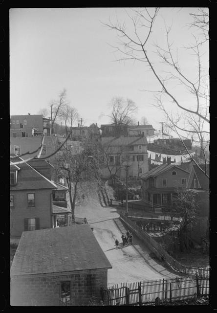 Photo:1930s Residential Street Hillside Houses Winter Scene People