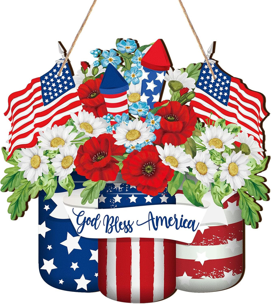 4Th of July Decorations Patriotic Memorial Day Wooden Door Sign Red White Blue W