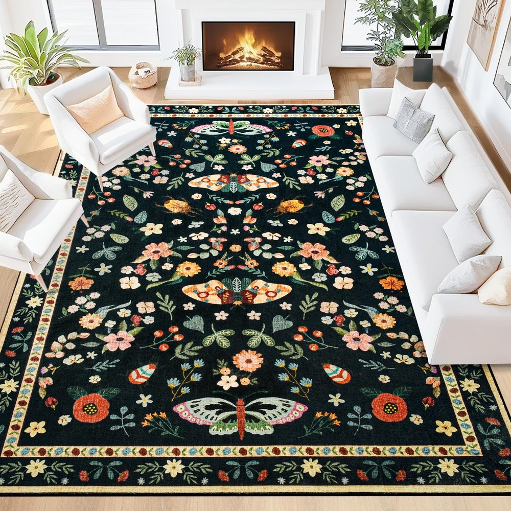 5x7 Area Rugs for Living Room, Soft Washable Insect Rug for Bedroom, Floral B...
