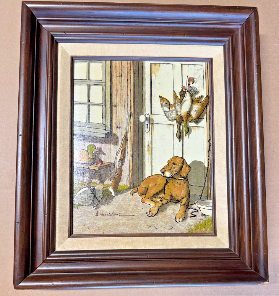 Vintage H. Hargrove Hunting Dog Ducks Framed Oil Certified Canvas w/ COA 1987