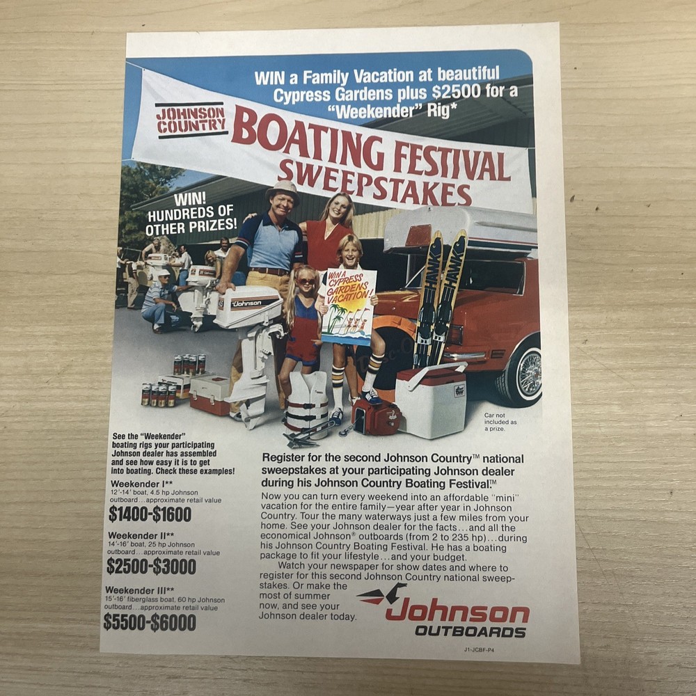 Johnson Outboard Motor Sweepstakes Vintage Print Ad 1981 Sports Afield Magazine