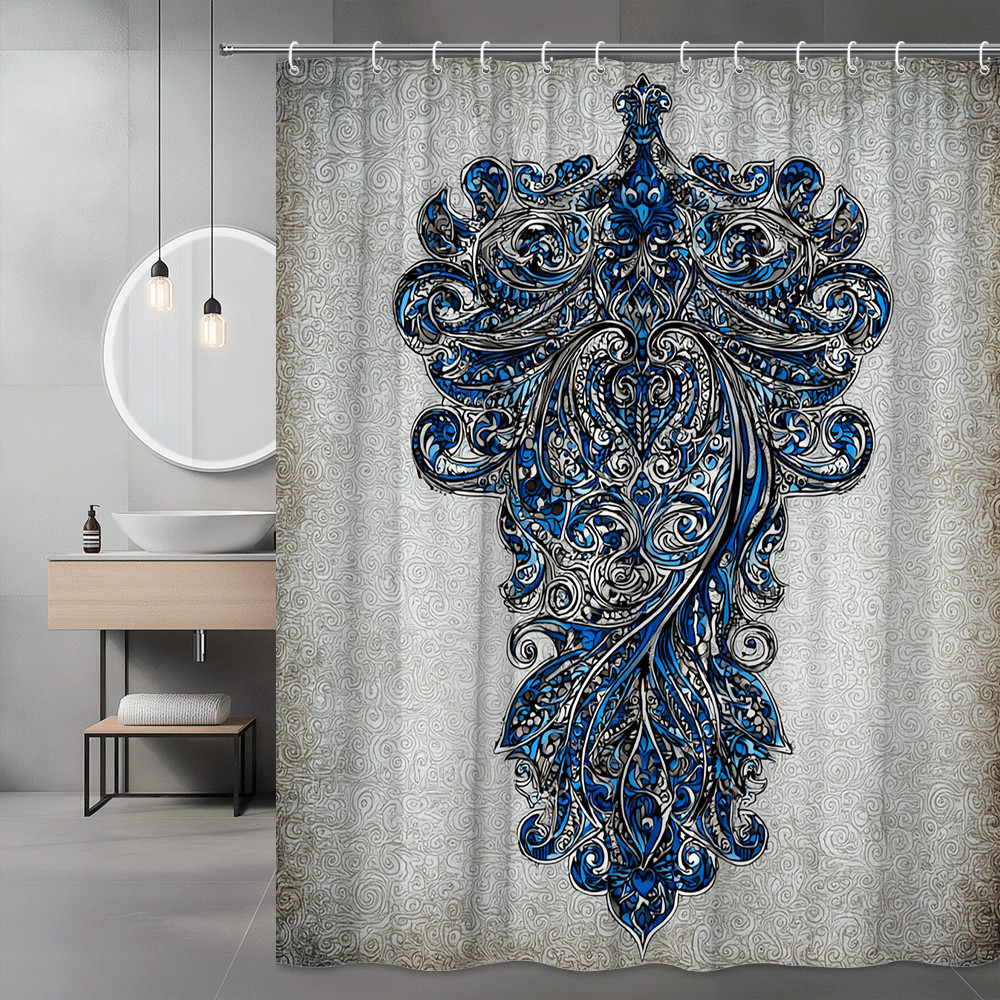 Blue Ornate Floral Graphic Shower Curtain