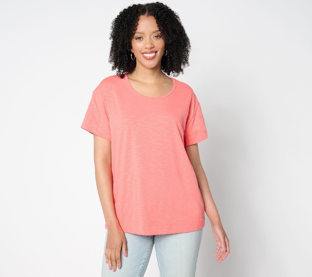 Denim & Co. Women's Top Sz M Essentials Textured Knit Relaxed Short Pink A652644