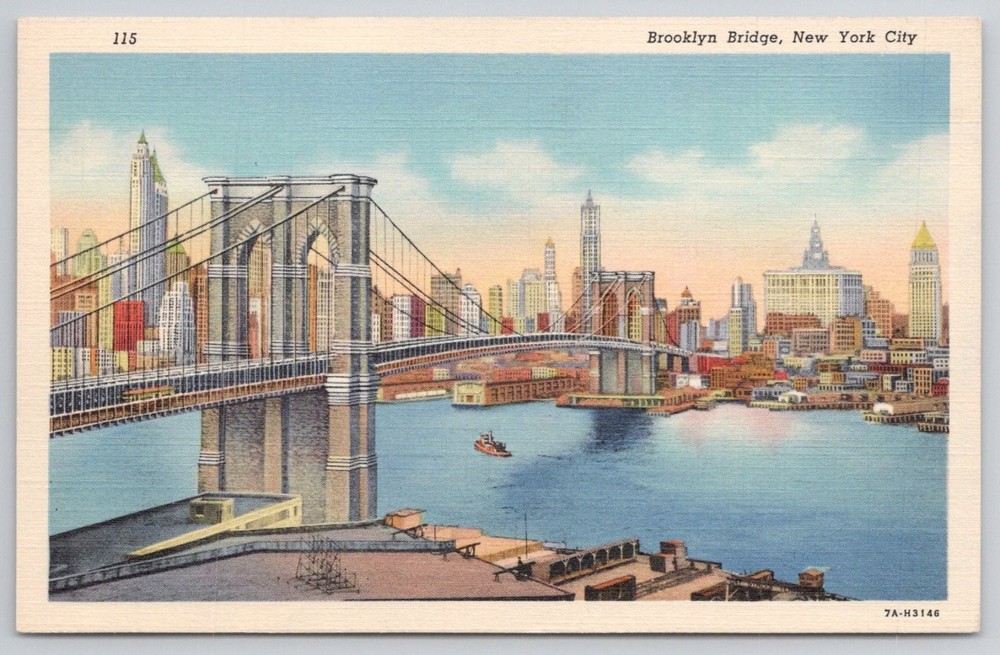Brooklyn Bridge New York City Linen Postcard Curt Teich 1930s Skyline View