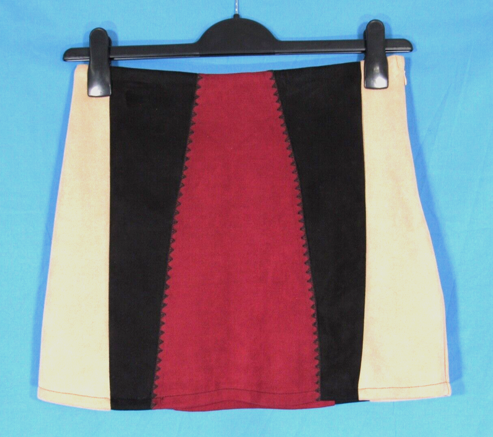 SHE+SKY Maroon/Black/Tan COLORBLOCK Faux Suede SIDE ZIP Pencil MINI SKIRT Sz S