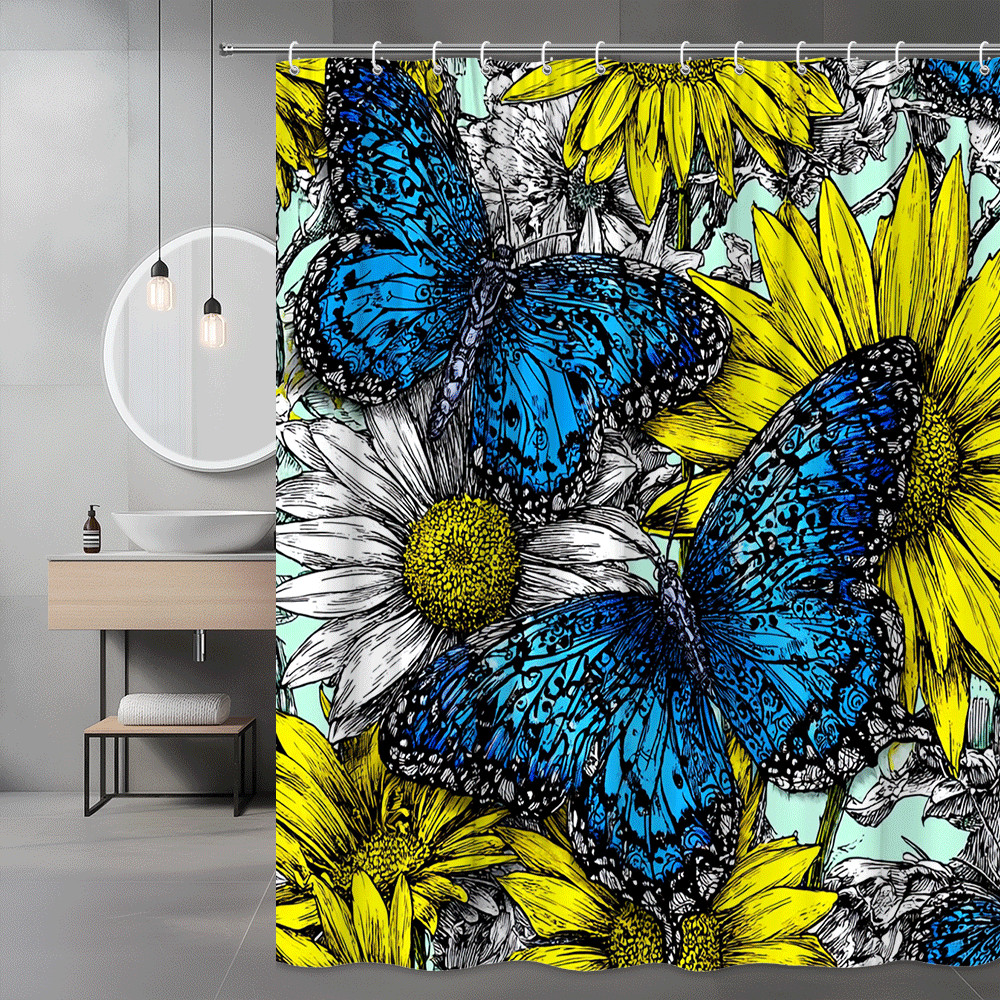 Blue Butterfly Floral Shower Curtain Yellow Daisy Print