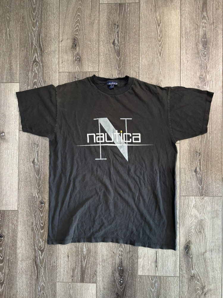 Vintage Nautica Graphic T Shirt Mens Medium Black Made in USA Faded Streetwear