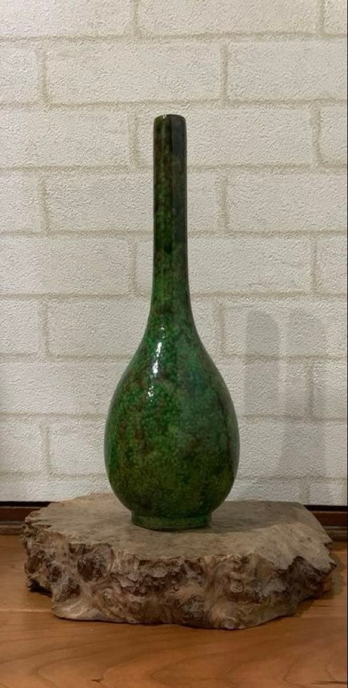 Kyoto Ware Kutaniyaki Saichi Matsumoto Green Flower Vase 28cm Art Collection
