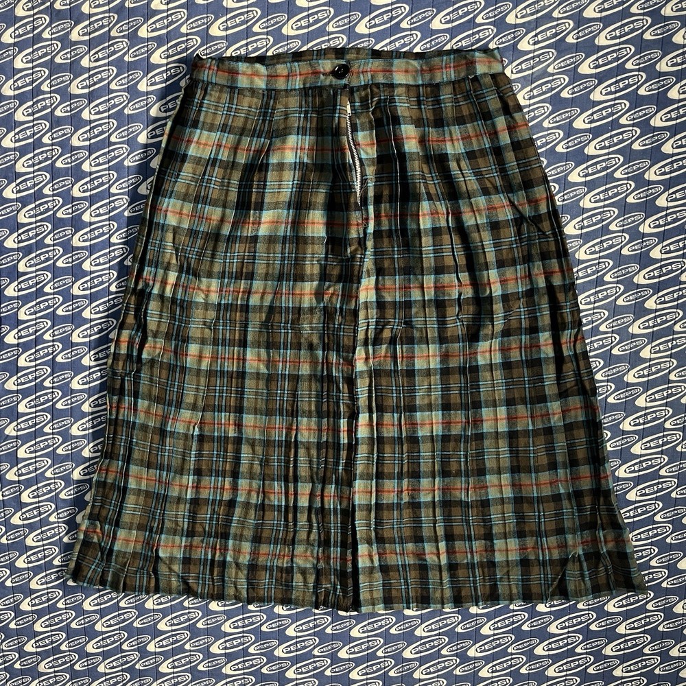 Vintage 70s Women’s Tartan Plaid Wool Blend Maxi Skirt Blue Grey Red Multicolor