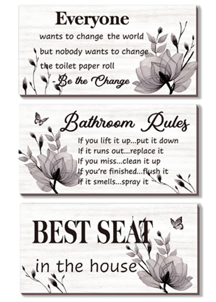 Bathroom Decor, 3 Pcs Black Wall Art - Rustic Farmhouse Bathroom Rules Signs,...