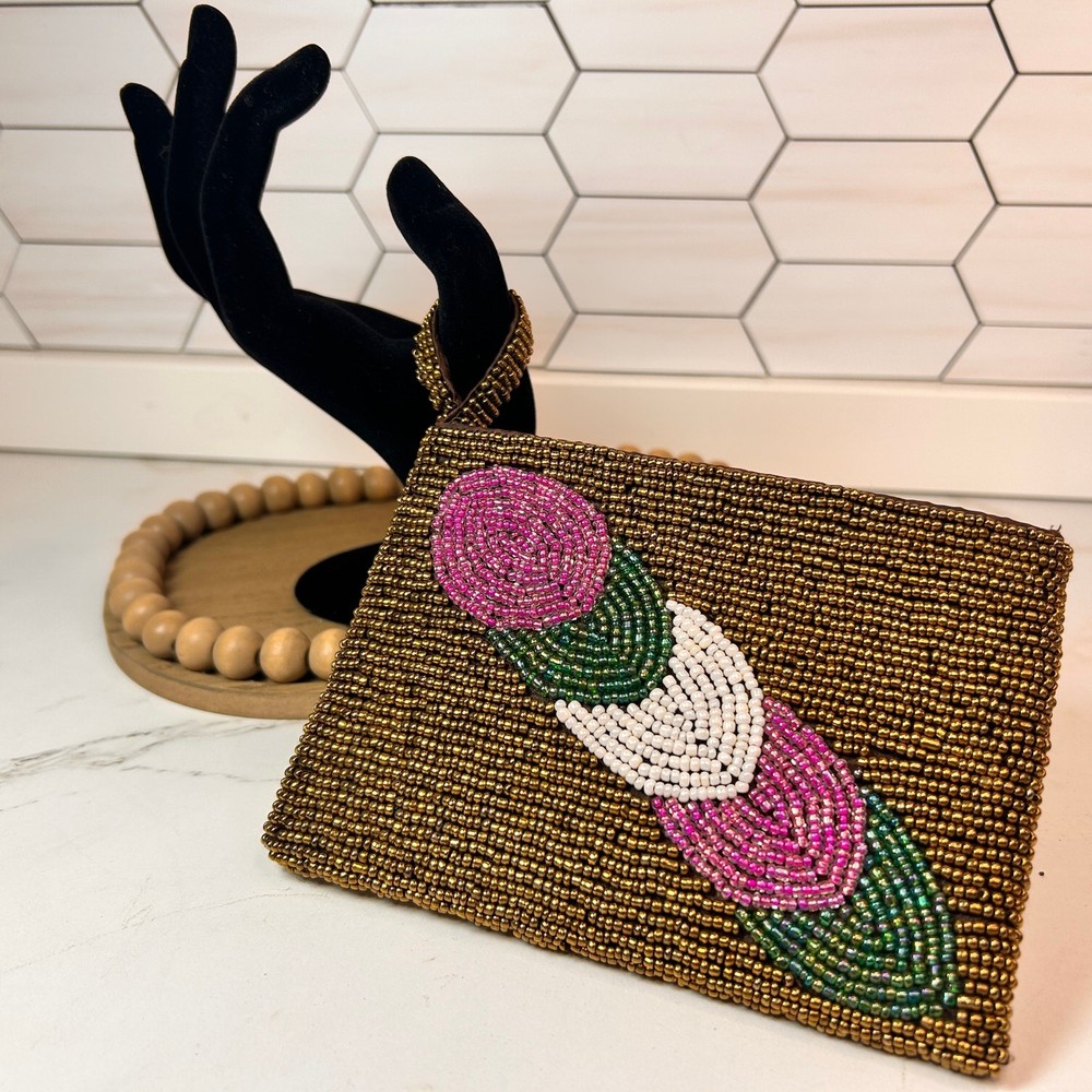 Hand Beaded Coin Purse Clutch Gold Zip Pouch w Floral Design Boho Vintage Style