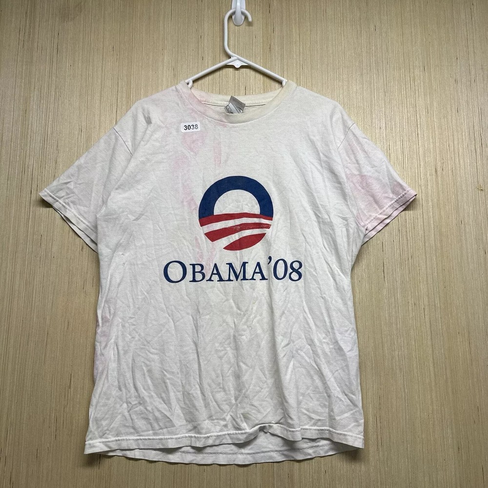 Vintage Obama Shirt Adult Large White Short Sleeve Men’s Graphic Print 08 Y2K
