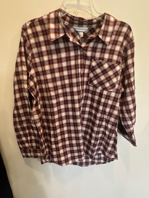 NEW Christopher & Banks Red White Black Plaid Button-Up Collared Shirt Size L