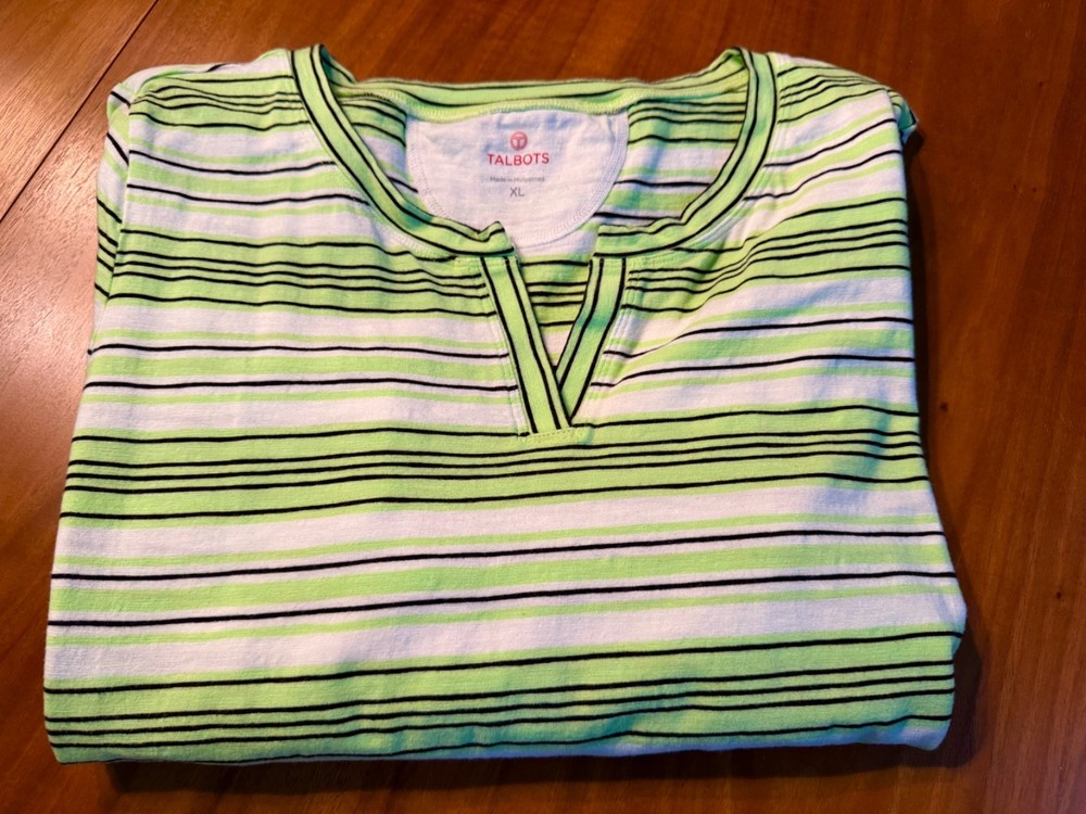 T by TALBOTS Womens XL Top T Shirt Blouse LS GREEN BLACK White Striped NICE