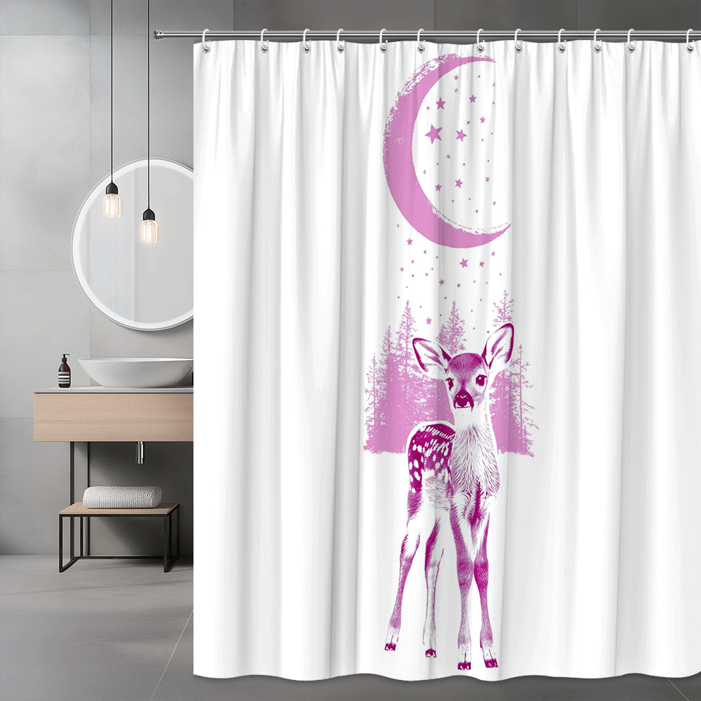 Pink Deer Moon Stars Shower Curtain Forest Graphic