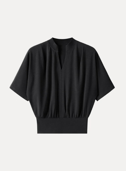 OGL Stand Collar V-Neck Short Sleeve Top - Black