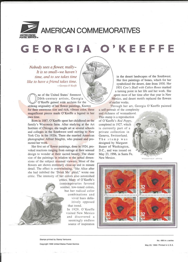 USPS COMMEMORATIVE PANEL #486 GEORGIA O'KEEFE MNH 32c BLK
