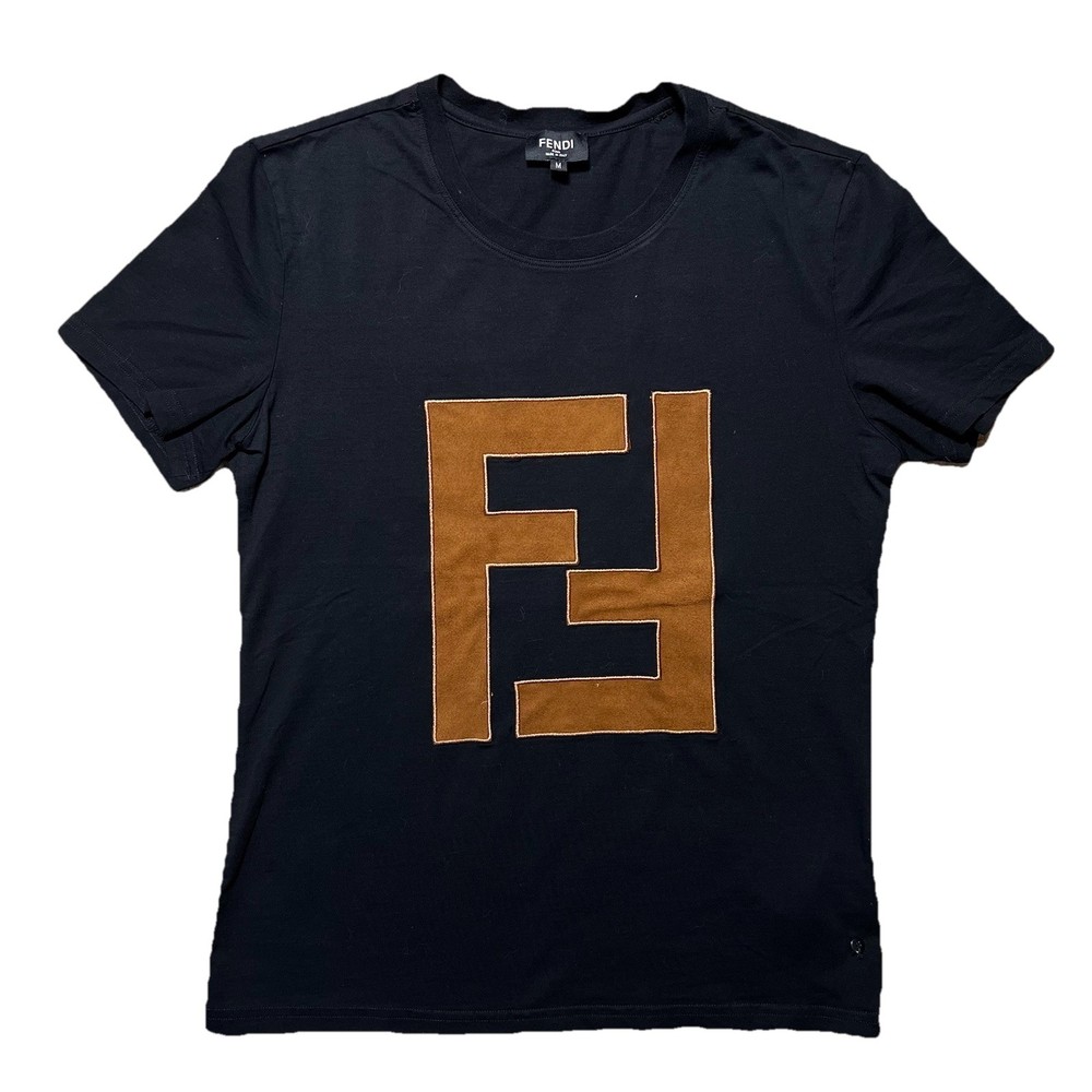 Fendi Roma FF Logo Leather Patch T Shirt Black Womens Medium Italy
