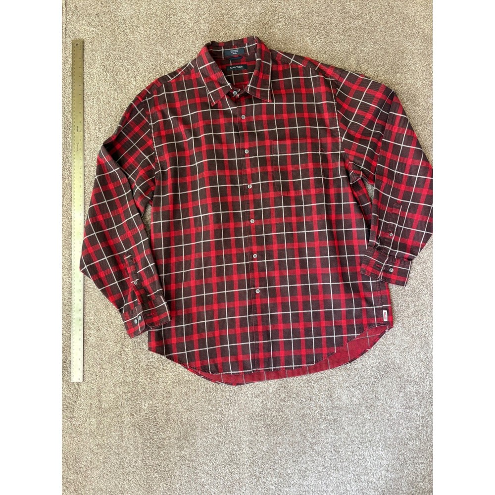 Nautica Mens Plaid Long Sleeve Button Down Shirt Red Brown Cotton XXL